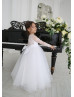 Long Sleeve White Lace Tulle Buttons Back Flower Girl Dress